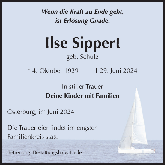 Traueranzeige von Ilse Sippert von Volksstimme Altmark Ost