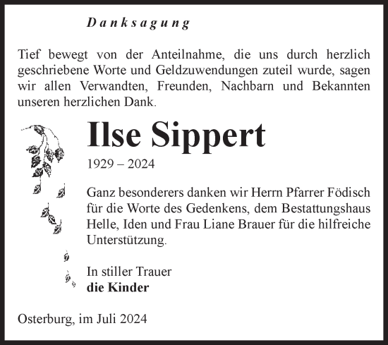 Traueranzeige von Ilse Sippert von Volksstimme Altmark Ost