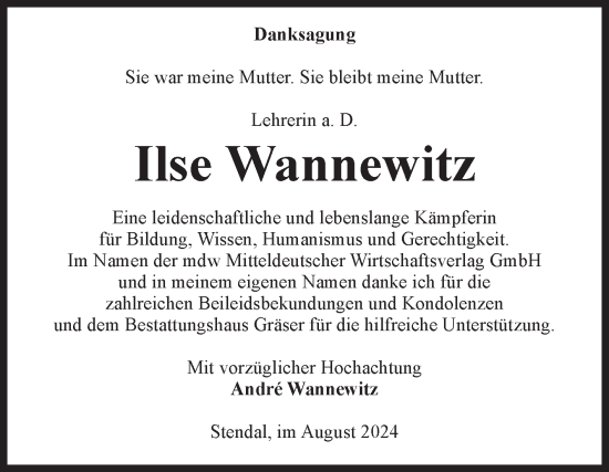 Traueranzeige von Ilse Wannewitz von Volksstimme Altmark Ost