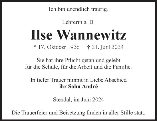 Traueranzeige von Ilse Wannewitz von Volksstimme Altmark Ost