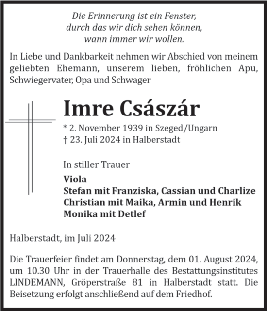 Traueranzeige von Imre Császár von Volksstimme Halberstadt