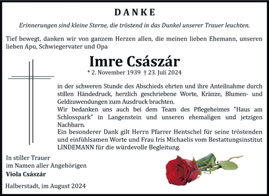 Traueranzeige von Imre Császár von Volksstimme Halberstadt