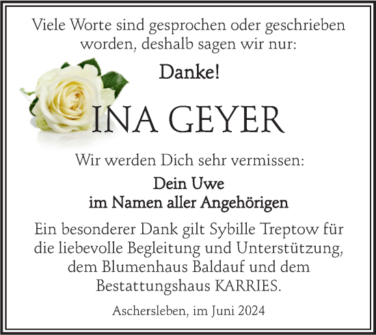 Traueranzeige von Ina Geyer von Trauerkombi Aschersleben