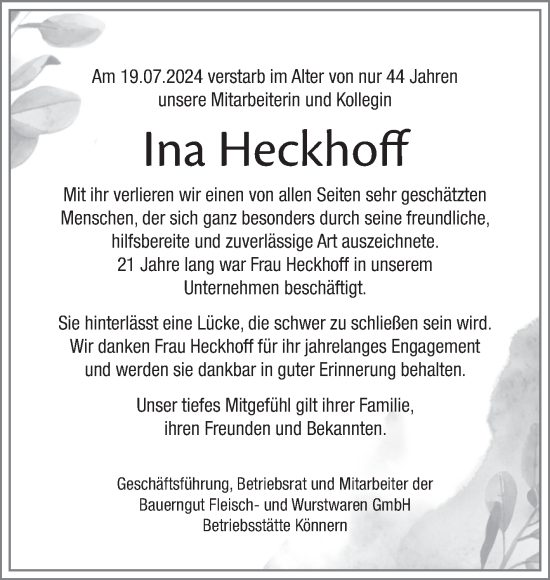 Traueranzeige von Ina Heckhoff von Mitteldeutsche Zeitung Salzlandkreis