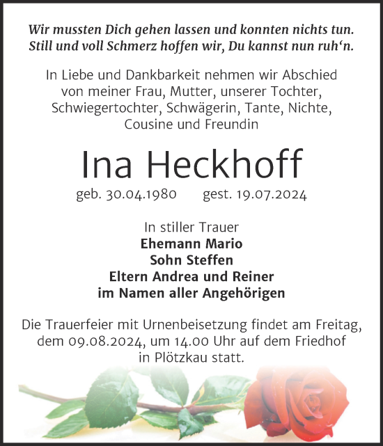 Traueranzeige von Ina Heckhoff von Trauerkombi Bernburg