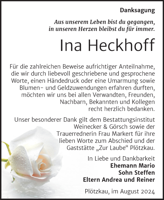 Traueranzeige von Ina Heckhoff von Trauerkombi Bernburg