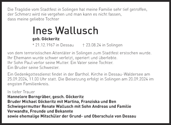 Traueranzeige von Ines Waltusch von Trauerkombi Dessau