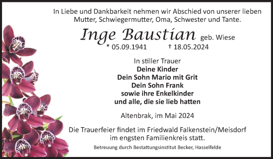 Traueranzeige von Inge Baustian von Volksstimme Wernigerode