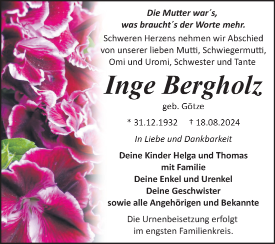 Traueranzeige von Inge Bergholz von Trauerkombi Bitterfeld