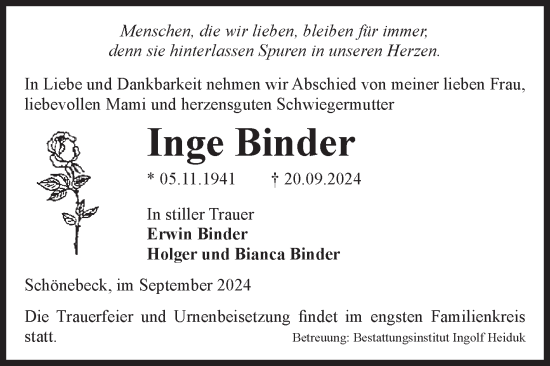 Traueranzeige von Inge Binder von Volksstimme Schönebeck