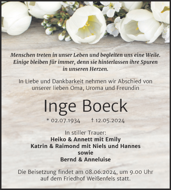 Traueranzeige von Inge Boeck von Trauerkombi Weißenfels