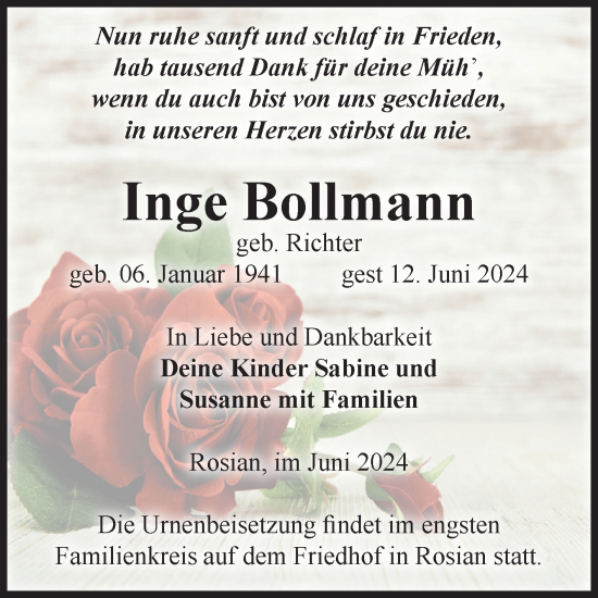 Traueranzeige von Inge Bollmann von Volksstimme Zerbst