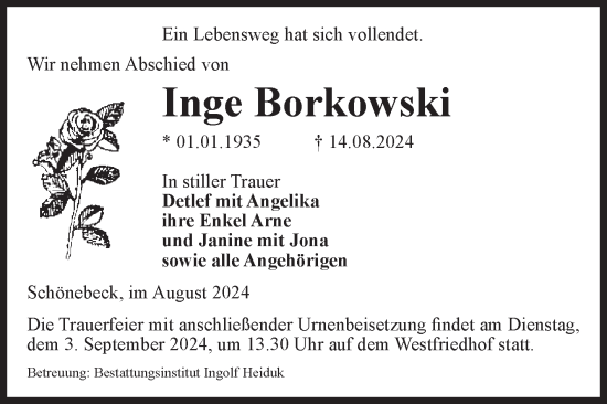 Traueranzeige von Inge Borkowski von Volksstimme Schönebeck