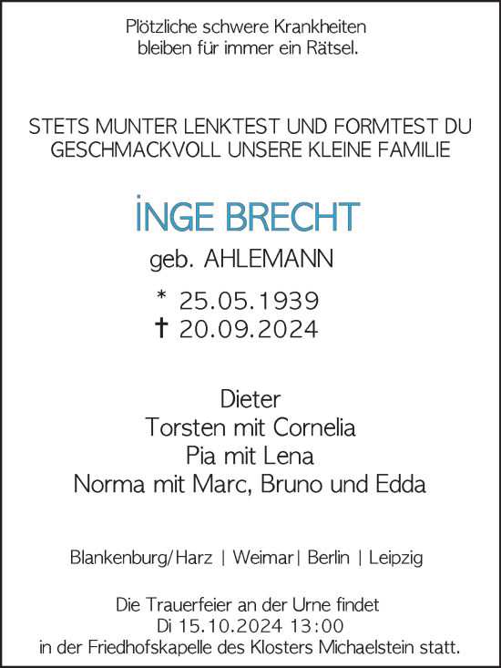 Traueranzeige von Inge Brecht von Volksstimme Wernigerode