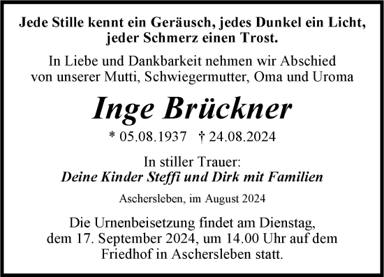 Traueranzeige von Inge Brückner von Trauerkombi Aschersleben