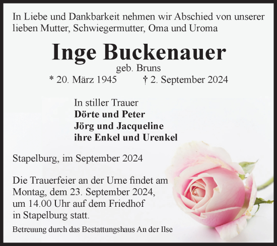 Traueranzeige von Inge Buckenauer von Volksstimme Wernigerode