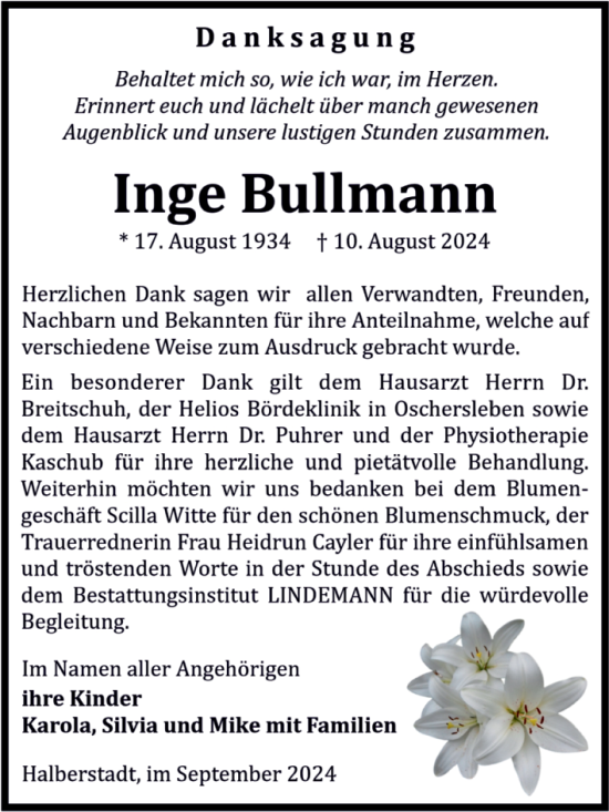 Traueranzeige von Inge Bullmann von Volksstimme Halberstadt