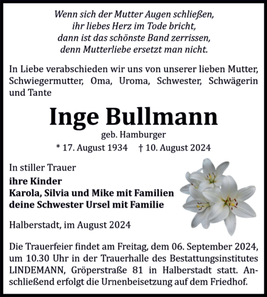 Traueranzeige von Inge Bullmann von Volksstimme Halberstadt