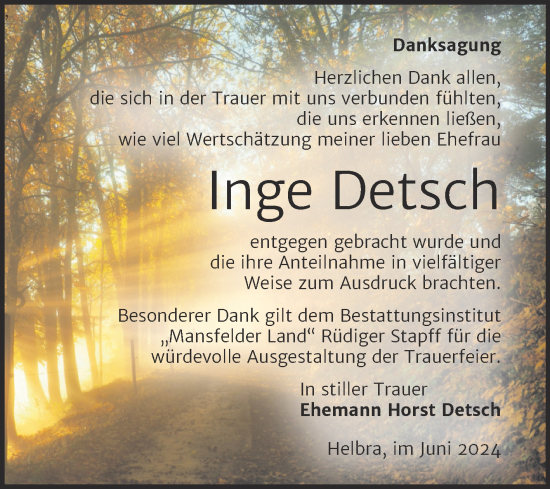 Traueranzeige von Inge Detsch von Mitteldeutsche Zeitung Mansfelder Land