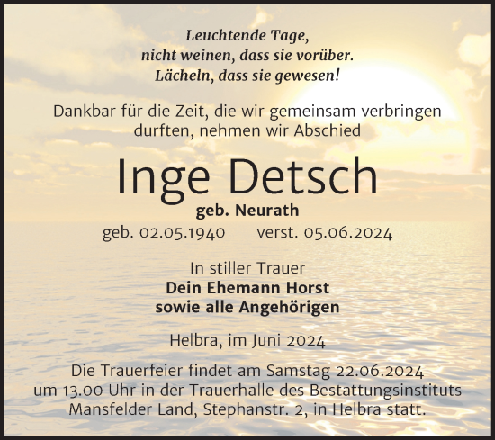Traueranzeige von Inge Detsch von Mitteldeutsche Zeitung Mansfelder Land