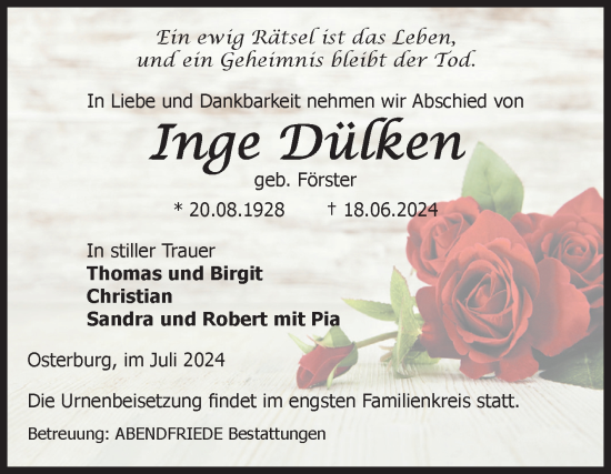 Traueranzeige von Inge Dülken von Volksstimme Schönebeck