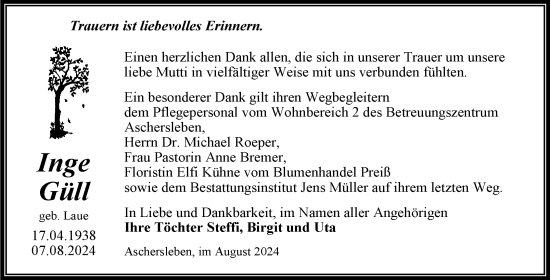 Traueranzeige von Inge Güll von Trauerkombi Aschersleben