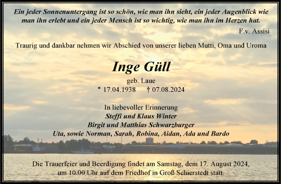 Traueranzeige von Inge Güll von Mitteldeutsche Zeitung Aschersleben