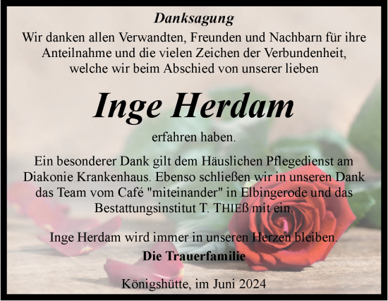 Traueranzeige von Inge Herdam von Volksstimme Wernigerode