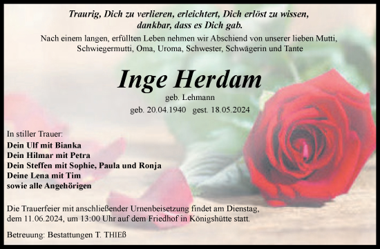 Traueranzeige von Inge Herdam von Volksstimme Wernigerode