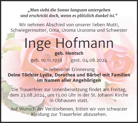 Traueranzeige von Inge Hofmann von Trauerkombi Merseburg