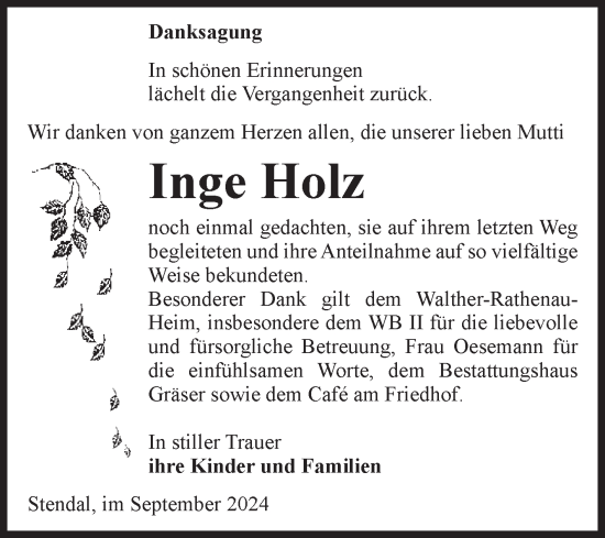 Traueranzeige von Inge Holz von Volksstimme Altmark Ost