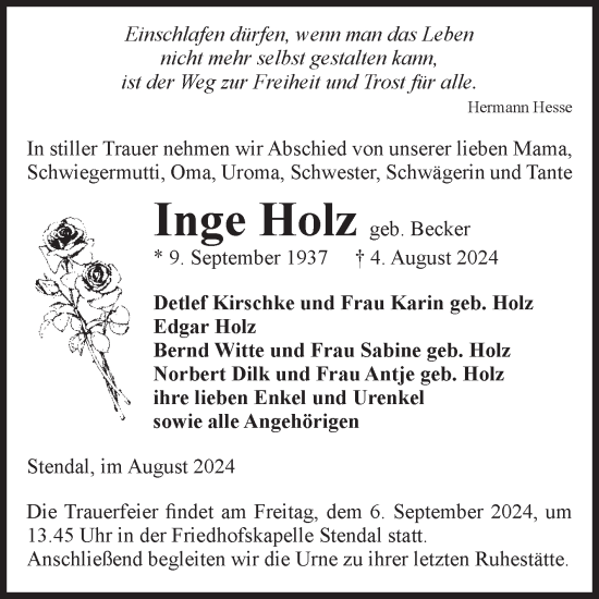 Traueranzeige von Inge Holz von Volksstimme Altmark Ost