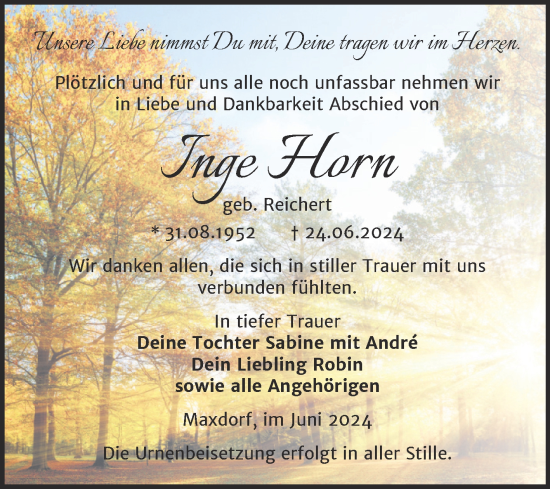 Traueranzeige von Inge Horn von Trauerkombi Köthen