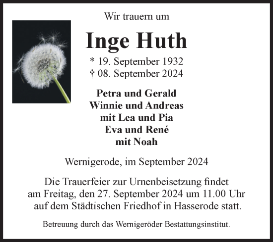 Traueranzeige von Inge Huth von Volksstimme Wernigerode
