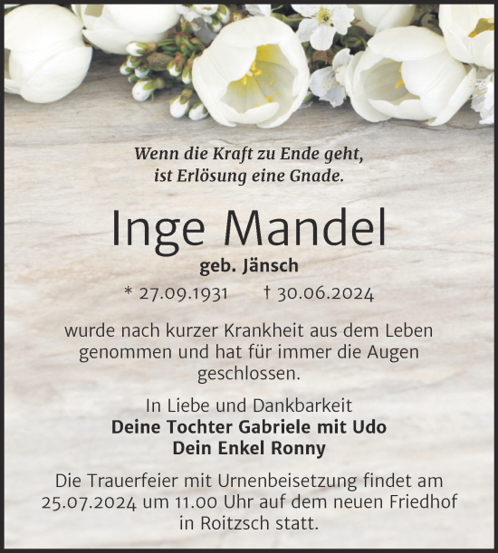 Traueranzeige von Inge  Mandel von Trauerkombi Bitterfeld