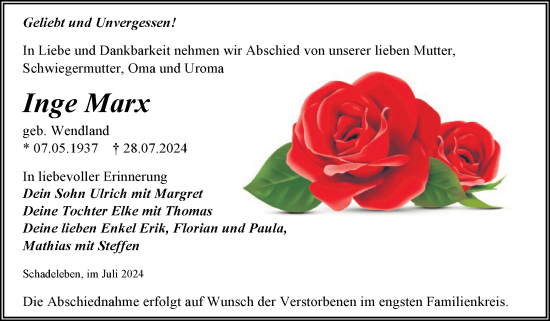 Traueranzeige von Inge Marx von Trauerkombi Aschersleben