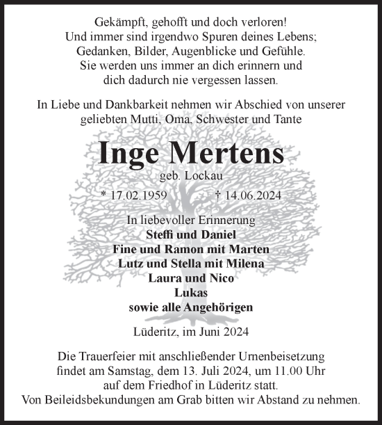 Traueranzeige von Inge Mertens von Volksstimme Altmark Ost