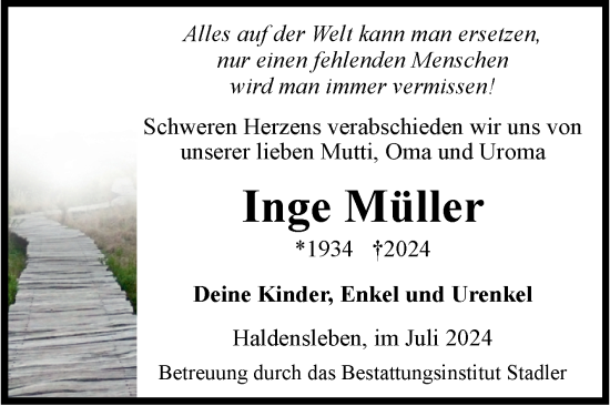 Traueranzeige von Inge Müller von Volksstimme Haldensleben/Wolmirstedt