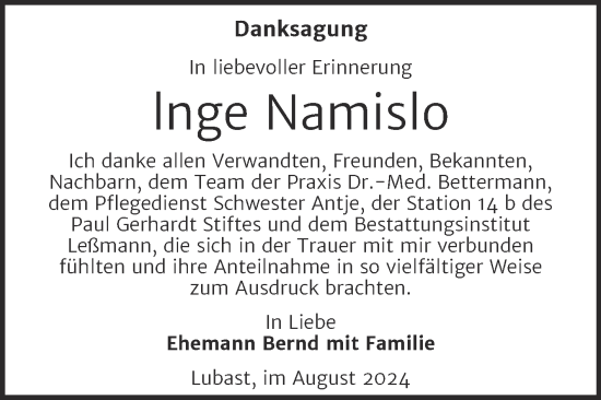 Traueranzeige von Inge Namislo von Super Sonntag Wittenberg