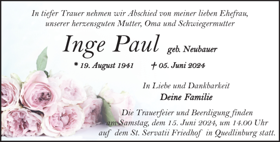 Traueranzeige von Inge Paul von Mitteldeutsche Zeitung Quedlingburg