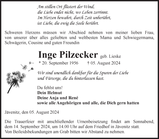 Traueranzeige von Inge Pilzecker von Volksstimme Altmark West