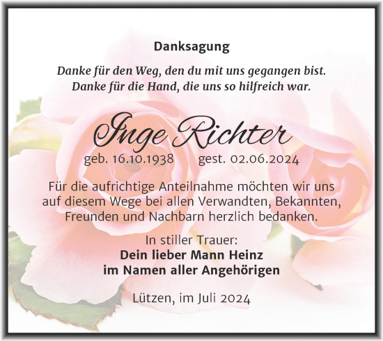 Traueranzeige von Inge Richter von Trauerkombi Weißenfels