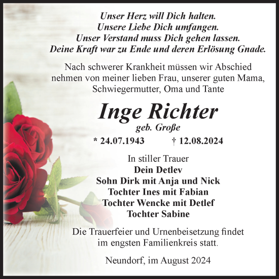 Traueranzeige von Inge Richter von Volksstimme Staßfurt