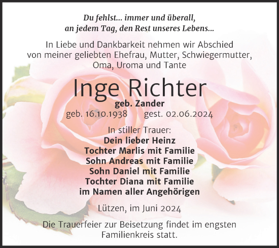 Traueranzeige von Inge Richter von Trauerkombi Weißenfels