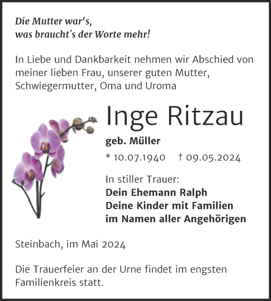 Traueranzeige von Inge Ritzau von Super Sonntag Naumburg/Nebra