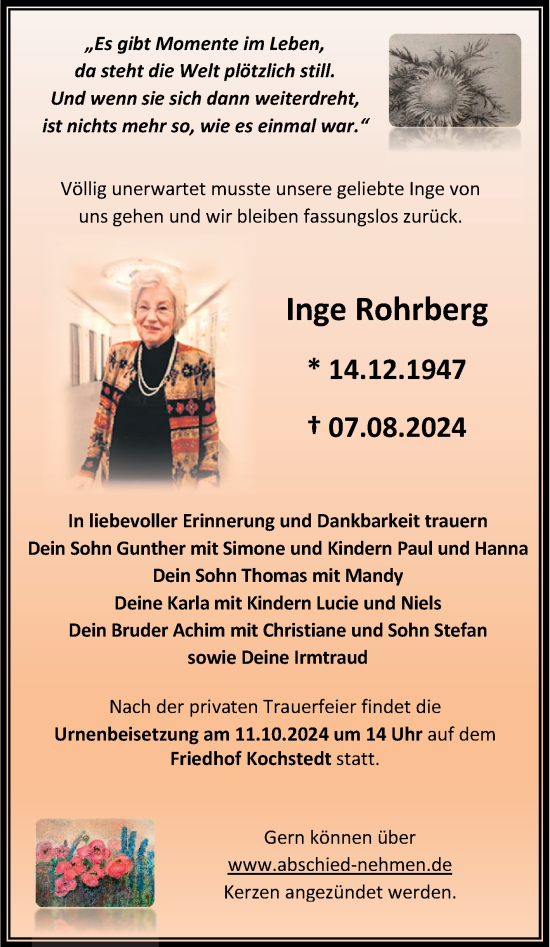 Traueranzeige von Inge (Ingeborg) Rohrberg von Trauerkombi Dessau