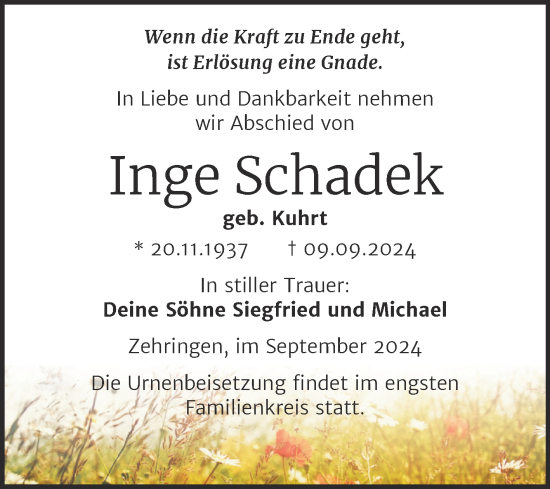 Traueranzeige von Inge Schadek von Trauerkombi Köthen