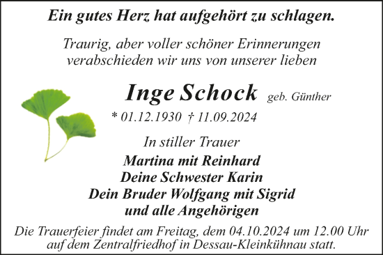 Traueranzeige von Inge Schock von Trauerkombi Dessau