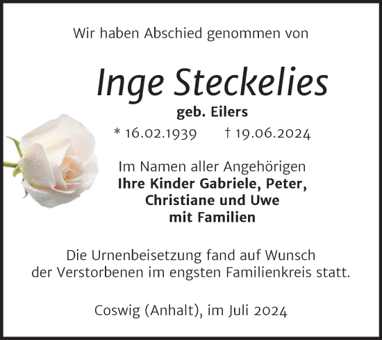 Traueranzeige von Inge Steckelies von Trauerkombi Wittenberg
