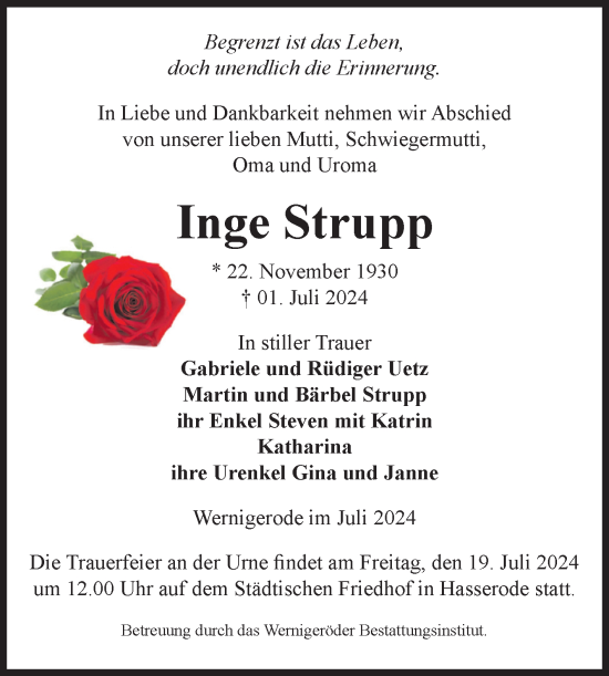 Traueranzeige von Inge Strupp von Volksstimme Wernigerode